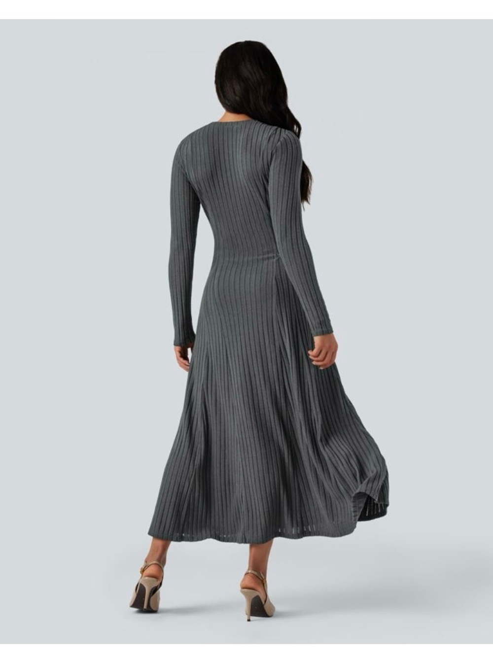 HALARA Ribbed Henley Long-Sleeve Maxi Dress in Charcoal Gray - Picture 2 of 5